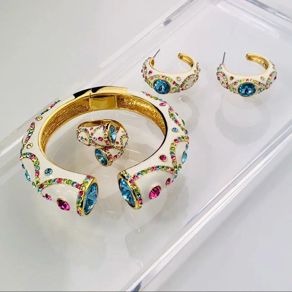 ROSS SIMONS SWAROVSKI CRYSTAL 18K GOLD OVER STERLING BRACELET EARRINGS RING - Picture 3 of 15